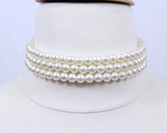 Gargantilla de perlas de cristal color marfil de 8 mm: collar de novia de tres vueltas