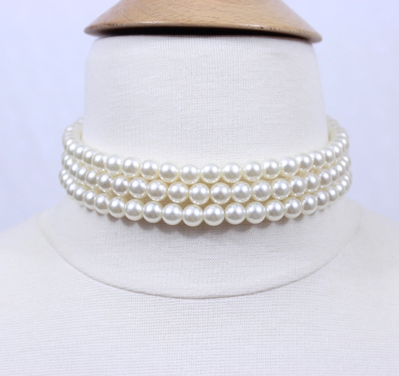 8mm 3 Row Pearl Choker Three Strand Pearl Choker Chunky Pearl