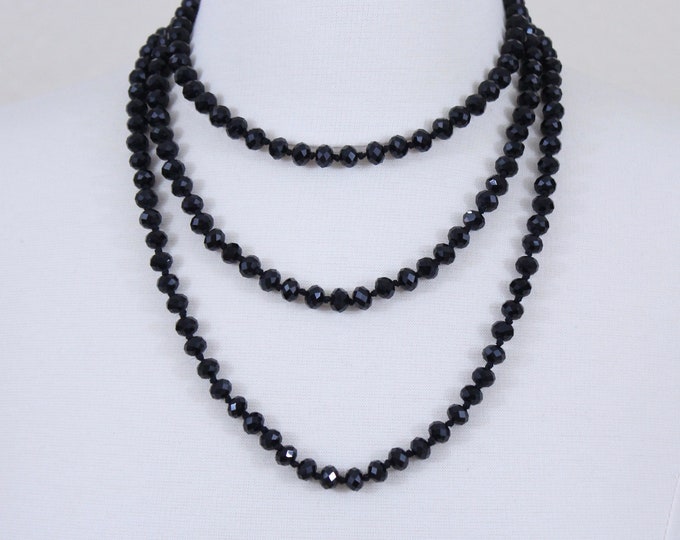 Black Glass Beads Long Necklace Crystal Beaded Long Necklace Statement Necklace Layered Necklace