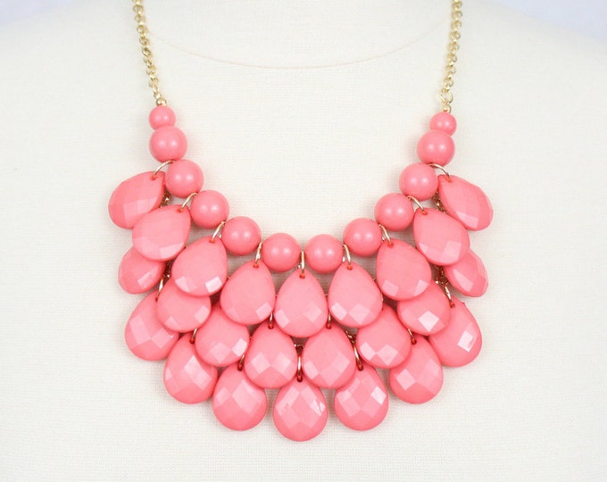 Pink Multi Layered Necklace Chunky Necklace Statement Necklace Teardrop Necklace Melon Pink Bubble Necklace and Earrings Set