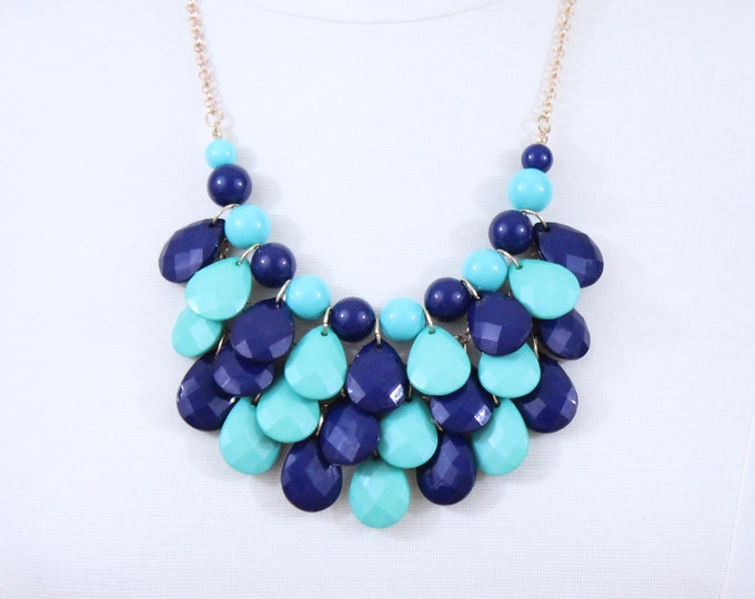 Navy and Teal Multi Layered Necklace Chunky Necklace Statement Necklace Teardrop Necklace Blue Bubble Necklace and Earrings Set