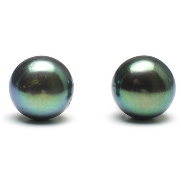 Peacock Green Pearl Stud Earrings Sterling Silver 7mm