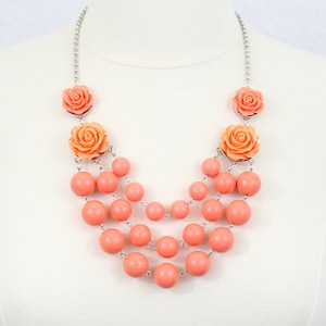 Multi Strand Rose Bubble Necklace Statement Necklace Bib Necklace Coral Orange