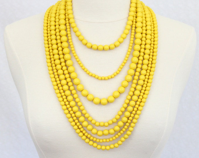 Multi Strand Beaded Necklace Statement Necklace Multi Layered Beads Long Necklace Seven Strand Beads Necklace Yellow