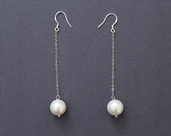 Pendientes largos de plata de ley con cadena de perlas: Perla de vidrio de 12 mm