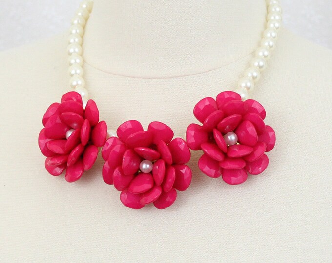 Chunky Flower Statement Necklace Bib Necklace Floral Necklace Beaded Rose Necklace Fuchsia Pink Flower Necklace