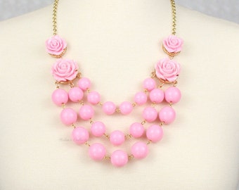 Multi Strand Rose Bubble Necklace Statement Necklace Bib Necklace Pink