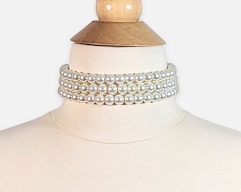 Gargantilla de perlas de marfil: collar de perlas de vidrio de tres vueltas de 10 mm