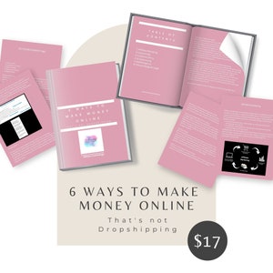 Könnte beinhalten: Ein rosa und graues Buch mit dem Titel "6 Ways to Make Money Online That's Not Dropshipping" mit einem Inhaltsverzeichnis und einer Seite über Affiliate-Marketing. Das Buch kostet 17 €.