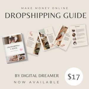 May include: A digital guide titled "Dropshipping Guide" with a table of contents, a section on why dropshipping, a section on finding profitable products, and a section on where to find products. The guide is available for $17 from Digital Dreamer.