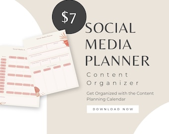 May include: A printable social media planner with a pink and white floral design. The planner is titled "Social Media Planner" and includes sections for social media profile, target audience, engagement, and content planning. The text "$7" is visible in the upper right corner of the image. The text "Content Organizer" and "Get Organized with the Content Planning Calendar" is visible below the planner. The text "DOWNLOAD NOW" is visible at the bottom of the image.