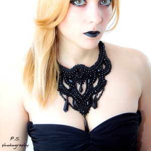 Black gothic romantic bead embroidery necklace victorian bib necklace uniqe handmade boho bohimian hippie hipster