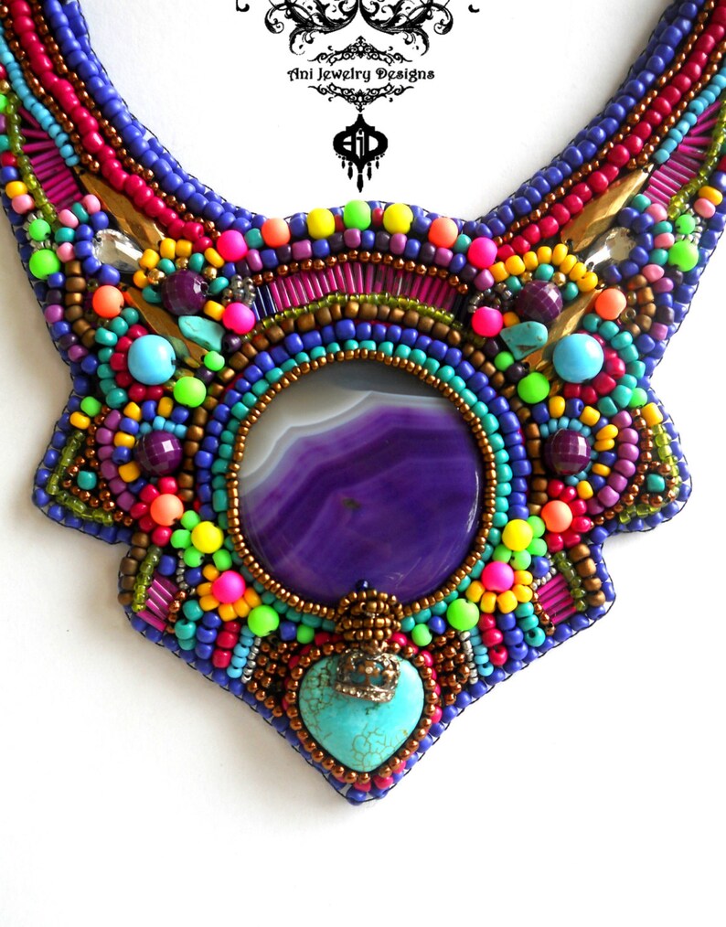 Yoruba Tribe, Ethnic Jewelry, Neon Purple Pink Bronze Rainbow Beaded