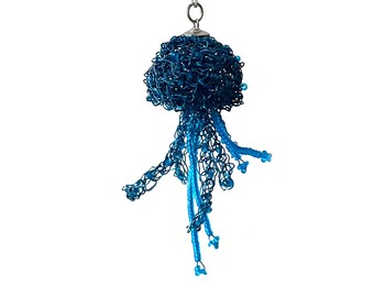 Blue Jellyfish Pendant, Blue Octopus Pendant, Sea Themed Pendant, Bold Necklace, Blue Wire Pendant with Blue Beads