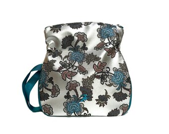 Turquoise Blue Crossbody Bag with Flowers Print, Retro Flowers Print Foldable Bag, Soft Faux Leather Bag, Blue Messenger Bag,  Large Bag