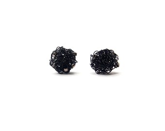 Black Studs with Pearls, Black Earrings, Black Wire Earrings, Party Earrings, Sister Gift, Minimalist Studs, Crochet Wire Earrings