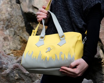 Yellow Handbag, Yellow Crossbody Bag, Yellow and Grey Bucket Bag, Everyday Satchel, Bold Handbag, Top Handle Bag, Barrel Bag, Medium Handbag