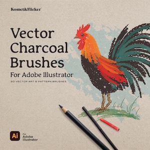 Może przedstawiać: Zestaw 50 pędzli do grafiki wektorowej i 6 pędzli wzorów do Adobe Illustrator, z ilustracją koguta wykonaną węglem. Pędzle zostały zaprojektowane tak, aby tworzyć efekt rysowania ręcznego i fakturowany wygląd.
