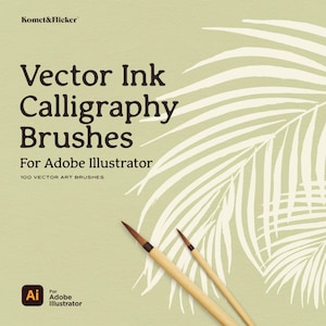 Może przedstawiać: Zestaw 100 wektorowych pędzli kaligraficznych do Adobe Illustrator. Pędzle zostały zaprojektowane do tworzenia różnych efektów rysowanych ręcznie. Obraz przedstawia dwa pędzle na jasnozielonym tle z białym wzorem liścia palmy.