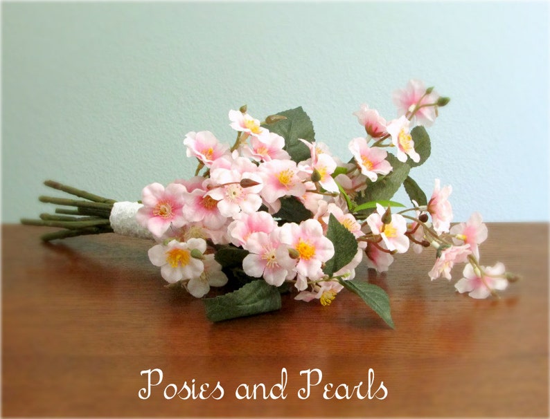 Silk Wedding Flowers Harmony Centerpiece Pink Cherry Blossom Bouquet Spring Bridal or Bridesmaid Bouquet White Eyelet Lace