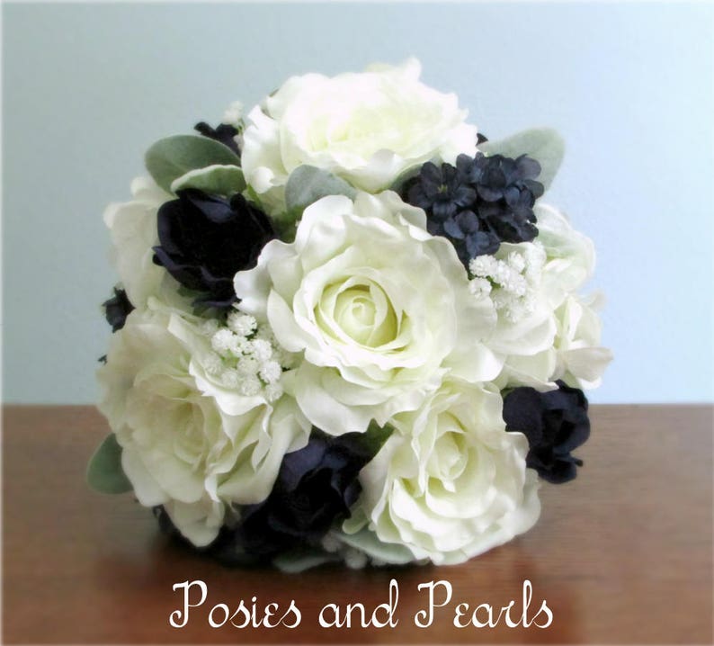 White Navy Blue Grey Silk Flower Wedding Bouquet Roses Etsy