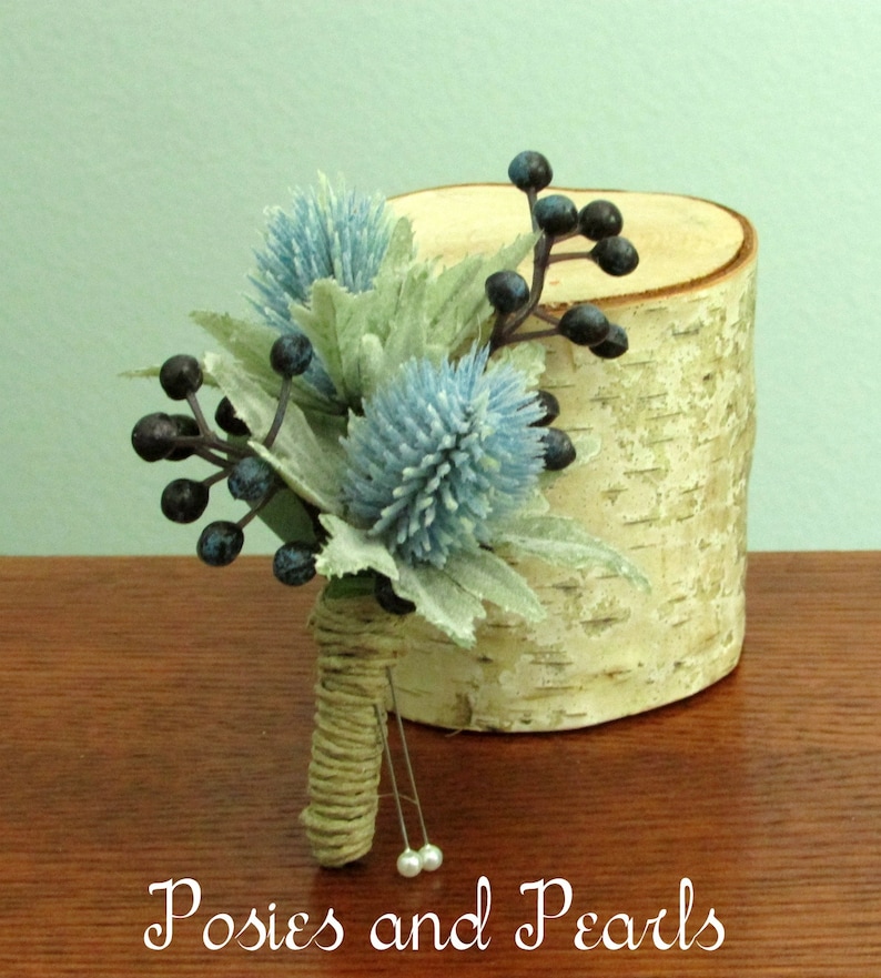 Winter Light Blue Thistle and Navy Blue Berry Silk Flower Boutonnieres with Twine Stem Wrap Summer Weddings Loyalty
