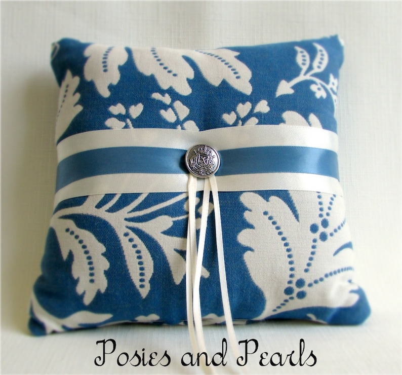 Cotton Leaf Print Ivory and Blue Ring Bearer Pillow Reversible Wedding Ring Cushion Colonial Blue Oak