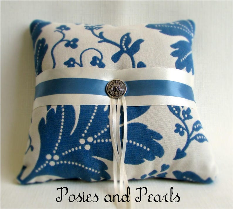 Cotton Leaf Print Ivory and Blue Ring Bearer Pillow Reversible Wedding Ring Cushion Colonial Blue Oak