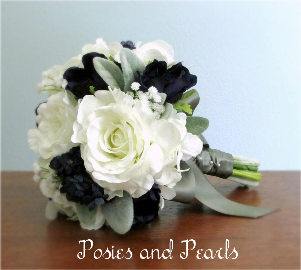White Navy Blue Grey Silk Flower Wedding Bouquet Roses Etsy