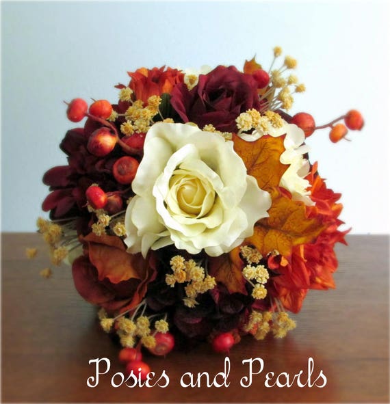 Burnt Orange Burgundy And Ivory Fall Silk Wedding Bouquet Etsy