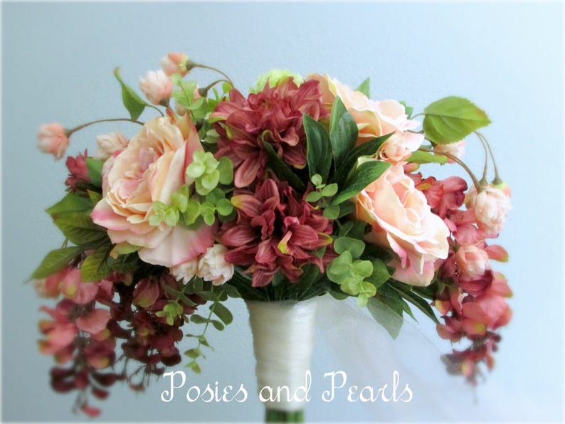 Cascading Pink Silk Flower Bridal Bouquet and Groom's Etsy