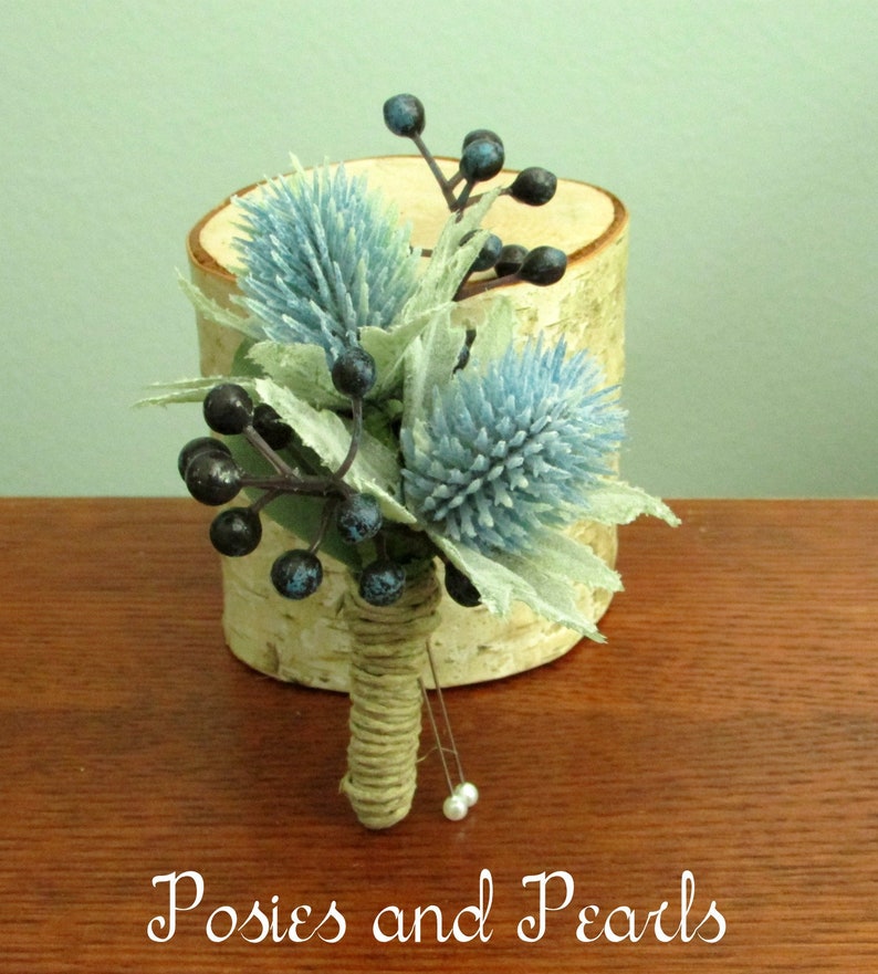 Winter Light Blue Thistle and Navy Blue Berry Silk Flower Boutonnieres with Twine Stem Wrap Summer Weddings Loyalty