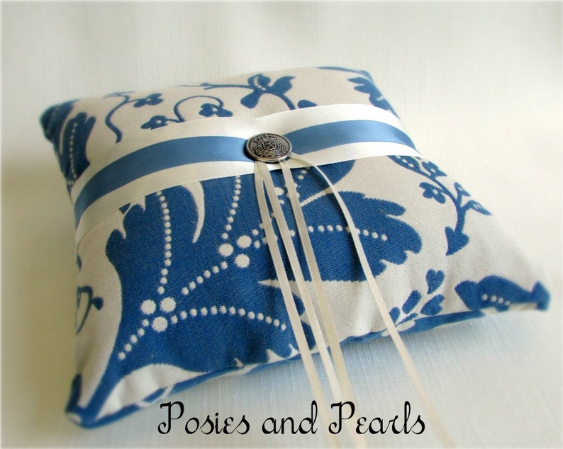 Cotton Leaf Print Ivory and Blue Ring Bearer Pillow Reversible Wedding Ring Cushion Colonial Blue Oak