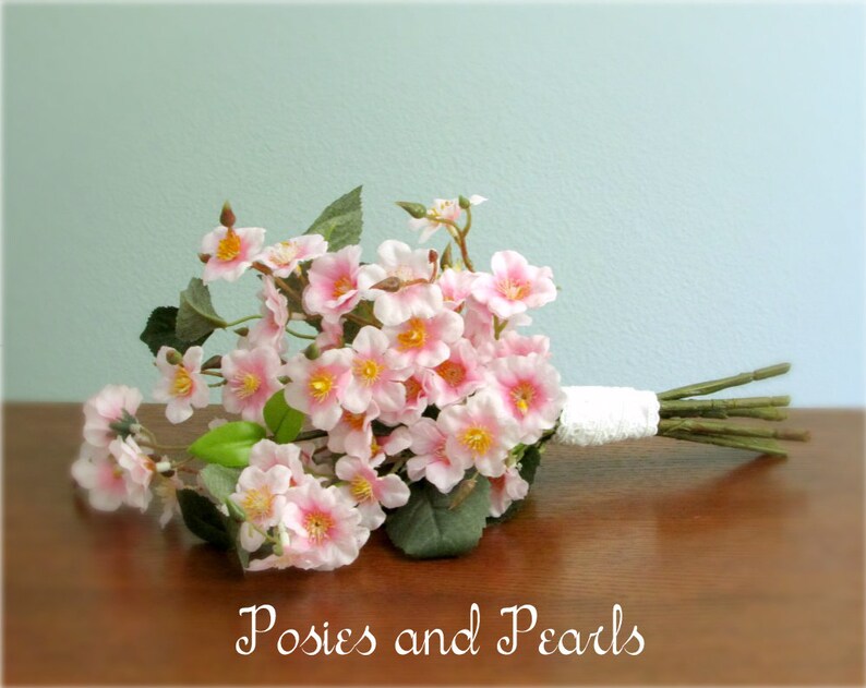 Silk Wedding Flowers Harmony Centerpiece Pink Cherry Blossom Bouquet Spring Bridal or Bridesmaid Bouquet White Eyelet Lace