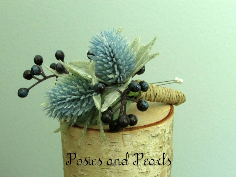Winter Light Blue Thistle and Navy Blue Berry Silk Flower Boutonnieres with Twine Stem Wrap Summer Weddings Loyalty