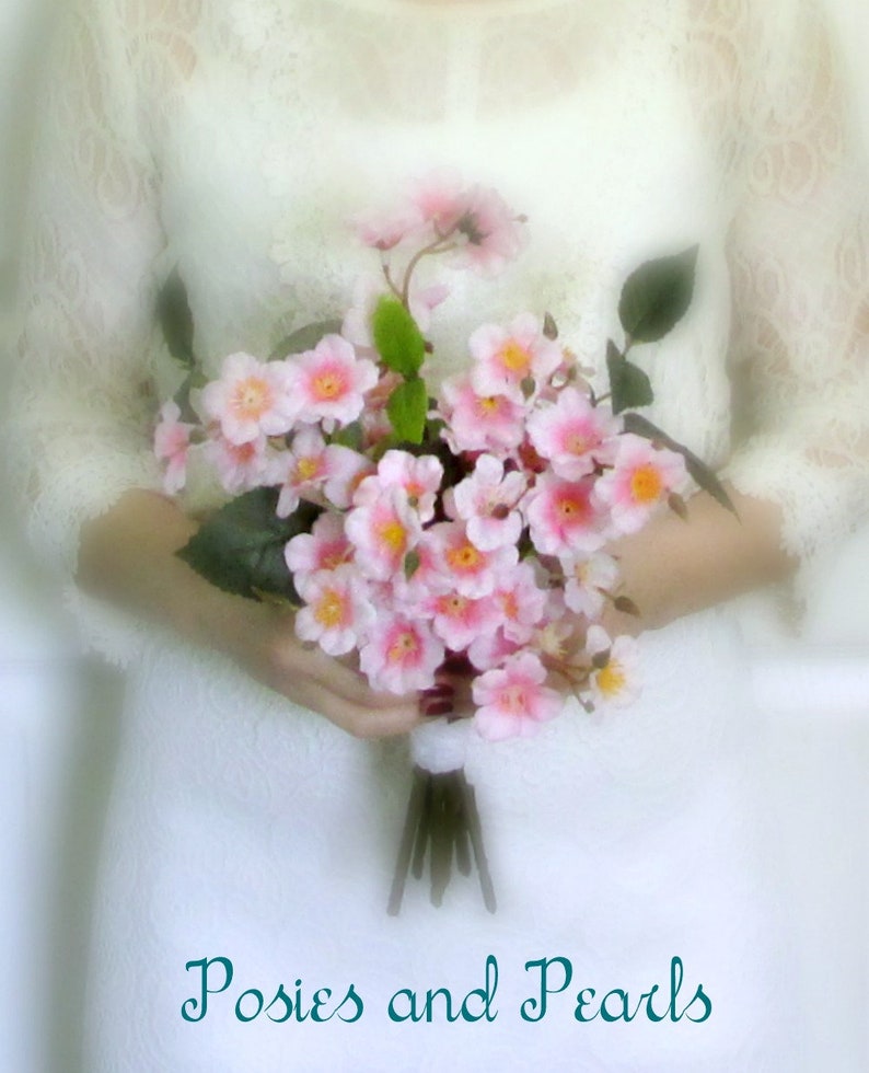Silk Wedding Flowers Harmony Centerpiece Pink Cherry Blossom Bouquet Spring Bridal or Bridesmaid Bouquet White Eyelet Lace