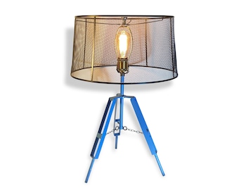 Industrial Table Tripod Lamp, Steel Lamp Mesh Shade