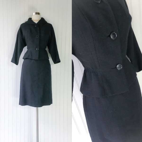 vintage 1950s New Look black wool two piece suit / peplum waist jacket / pencil skirt / femme fatale pinup set