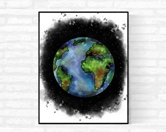 Watercolor Earth, Earth Art Print, Earth Wall Art, Digital Download, Watercolor Art, Watercolor Wall Art 16x20 and 8x10