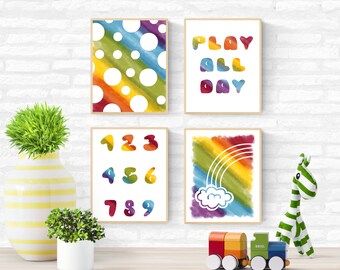 Play All Day, Rainbow Print Set, Rainbow Cloud, Rainbow Nursery Art, Numbers Print, Digital Rainbow Print, Nursery Wall Art, 8x10