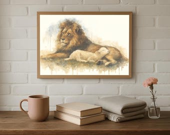 Watercolor Lion and Lamb Print |  Christian Wall Art (Digital Download)