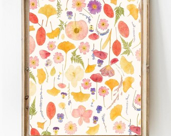 Arte mural de flores prensadas: Impresión botánica, decoración vintage de plantas (descarga digital)