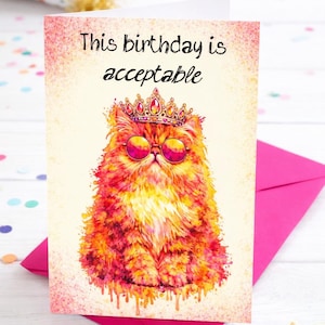 May include: Greeting card with a watercolor illustration of a fluffy orange cat wearing a crown and sunglasses. The text on the card reads "This birthday is acceptable." A pink envelope is behind the card.