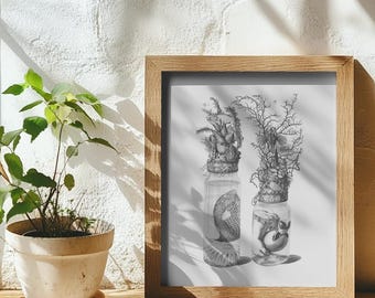 May include: A framed black and white print featuring two detailed illustrations of jars. Each jar contains a different collection of sea life and plant life. The frame is made of light-colored wood, and the print is displayed on a white background.