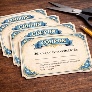 May include: Four vintage-style coupons with blue and gold accents, the word "COUPON" is displayed on a blue banner. The coupons have space to fill in details and state "This coupon is redeemable for". Scissors and a pencil are also in the image.