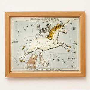 May include: A framed print featuring a vintage illustration of a unicorn with a golden mane and horn, a dog, and constellations. The print includes text at the top and bottom, all within a light brown wooden frame.