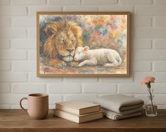 Colorful Watercolor Lion and Lamb Print | Peaceful Christian Art (Digital Download)
