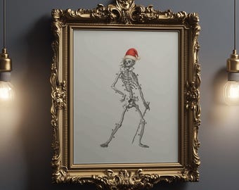 Op de afbeelding: Een ingelijste prent met een skelet met een kerstmuts. Het skelet is afgebeeld in een vintage anatomische stijl, met gelabelde botstructuren. De sierlijke gouden lijst voegt een klassieke touch toe aan het kunstwerk.