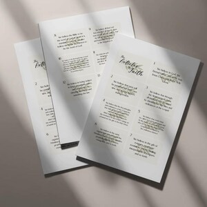 May include: Three white paper sheets with text, including "The Articles of Faith" in elegant script. The text is in black, with a light background. The sheets are arranged at an angle, with soft shadows.