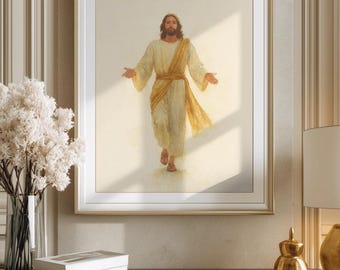 Stampa ad acquerello di Gesù Cristo con le braccia aperte / Arte murale cristiana (download digitale)